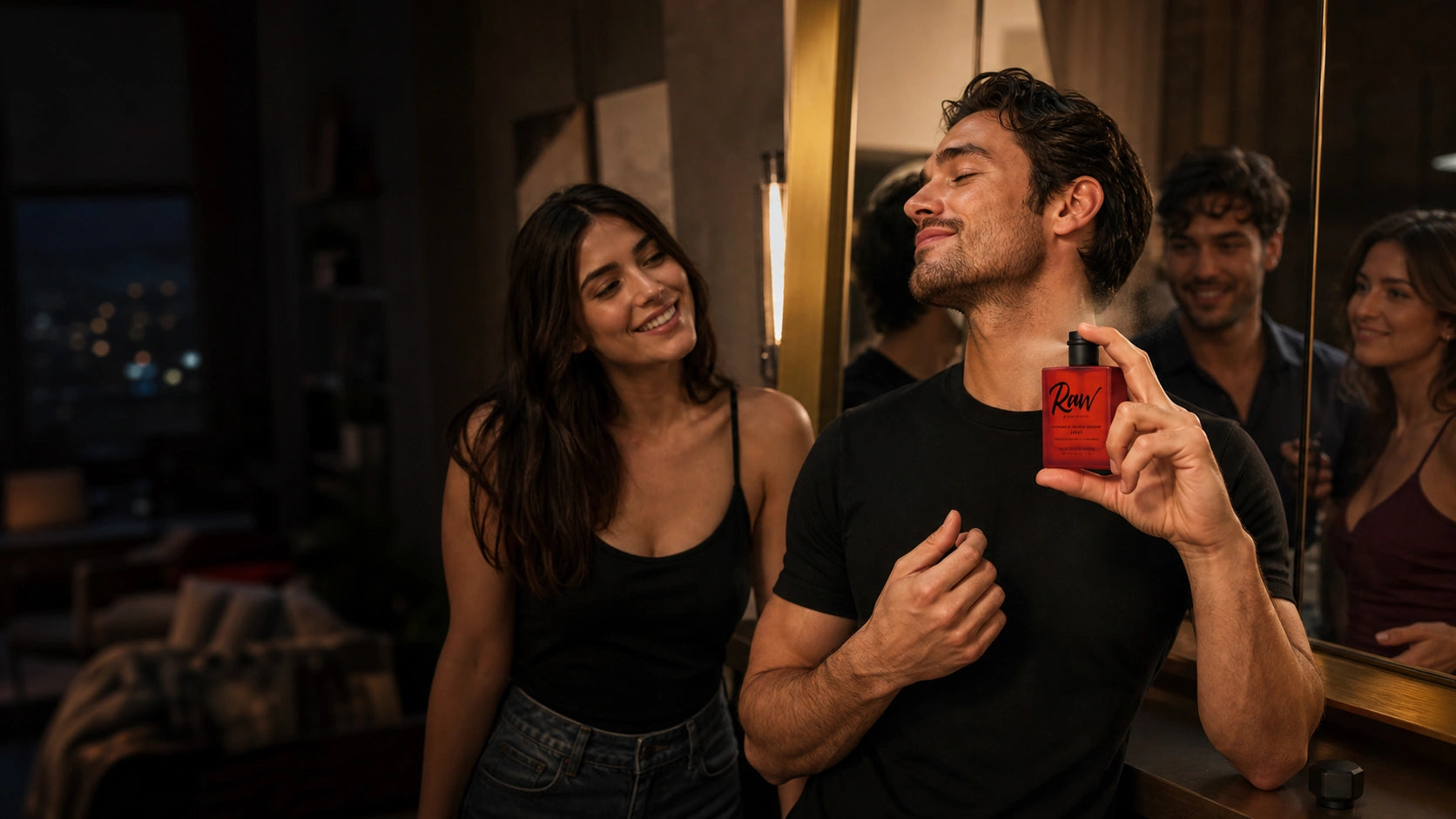 Friends laughing at an energetic apartment get-together while a man applies RAW cologne