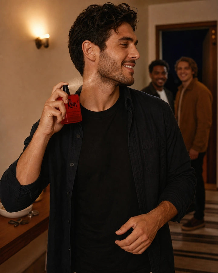 Man applying RAW cologne at an apartment mirror before going out
