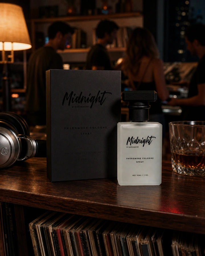 Midnight cologne and carton on a casual apartment bar cart