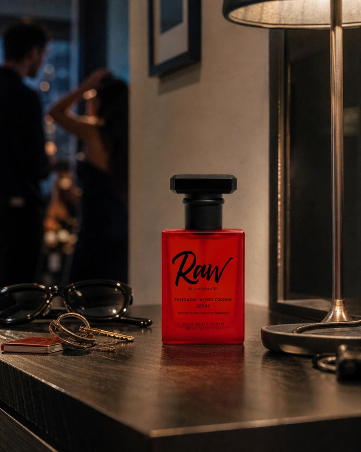 RAW cologne and carton beside keys and a concert ticket before a night out