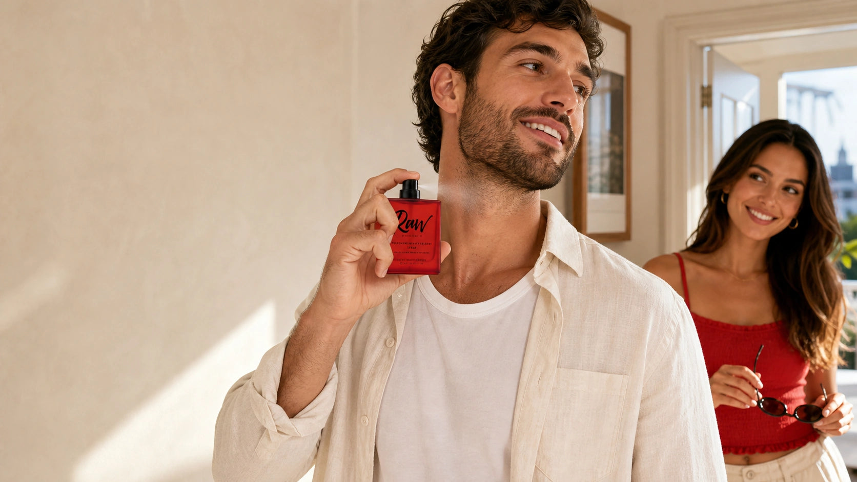A smiling couple getting ready in a bright apartment while the man applies RAW cologne