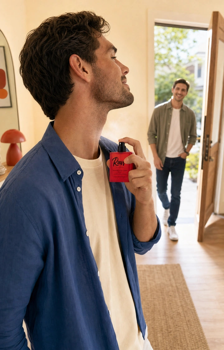 Man applying RAW cologne in a bright apartment before a daytime date
