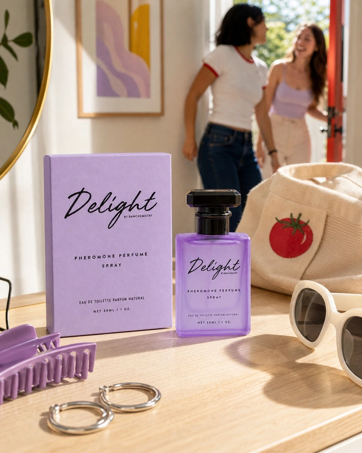 Delight perfume and carton in a sunny, colorful getting-ready scene