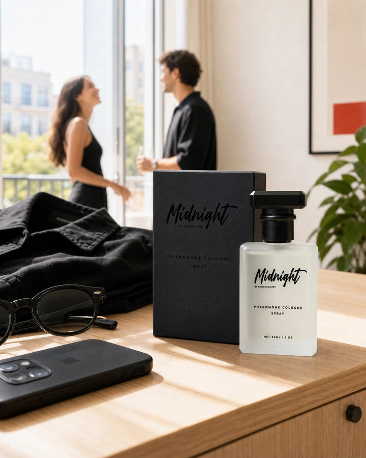 Midnight cologne and carton in an approachable apartment bar scene