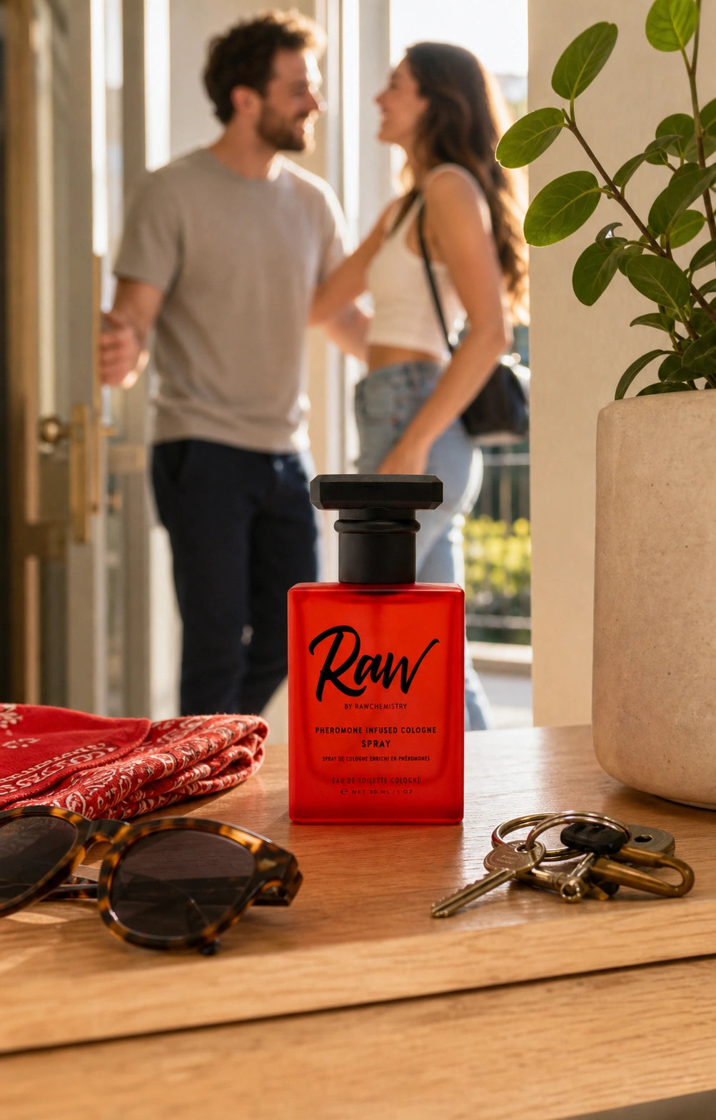 RAW cologne and carton on a bright dresser beside everyday essentials