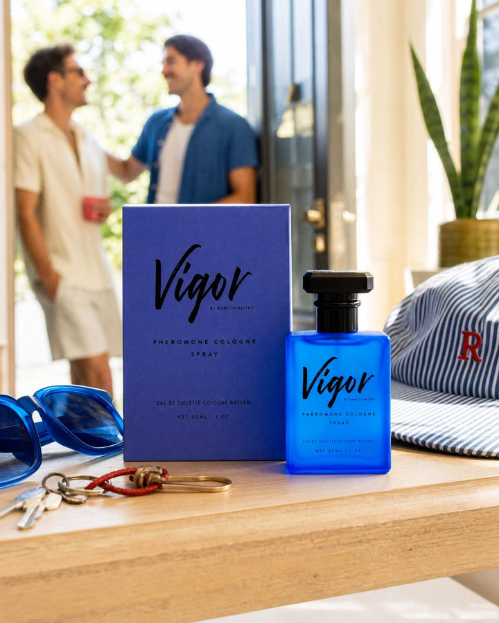 Vigor cologne and carton with casual daytime accessories