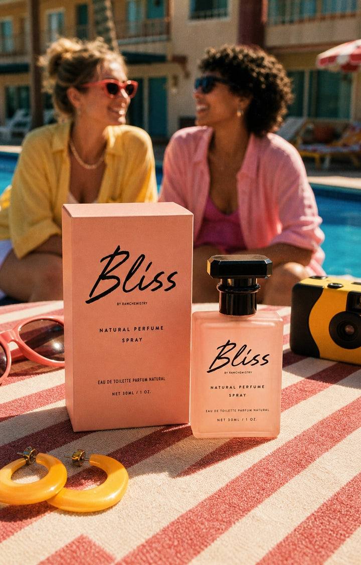 Bliss perfume and carton on a lively retro pool deck