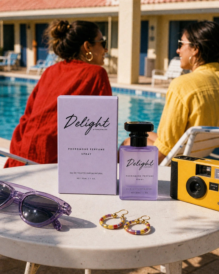Delight perfume and carton in bright 1990s vacation color