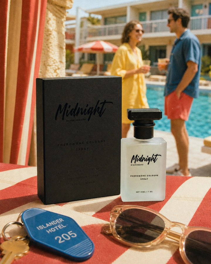 Midnight cologne and carton in a playful vintage poolside scene