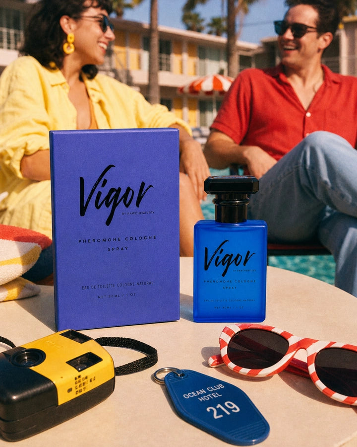 Vigor cologne and carton with bright vintage summer accessories