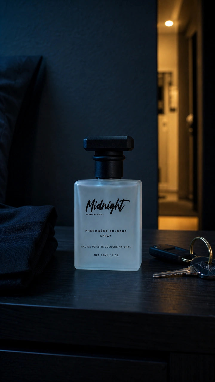 Midnight cologne and carton on a casual apartment bar cart