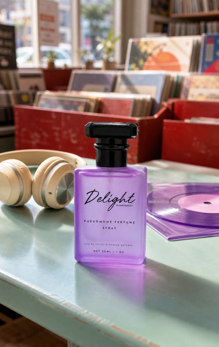 Delight perfume and carton in a sunny, colorful getting-ready scene