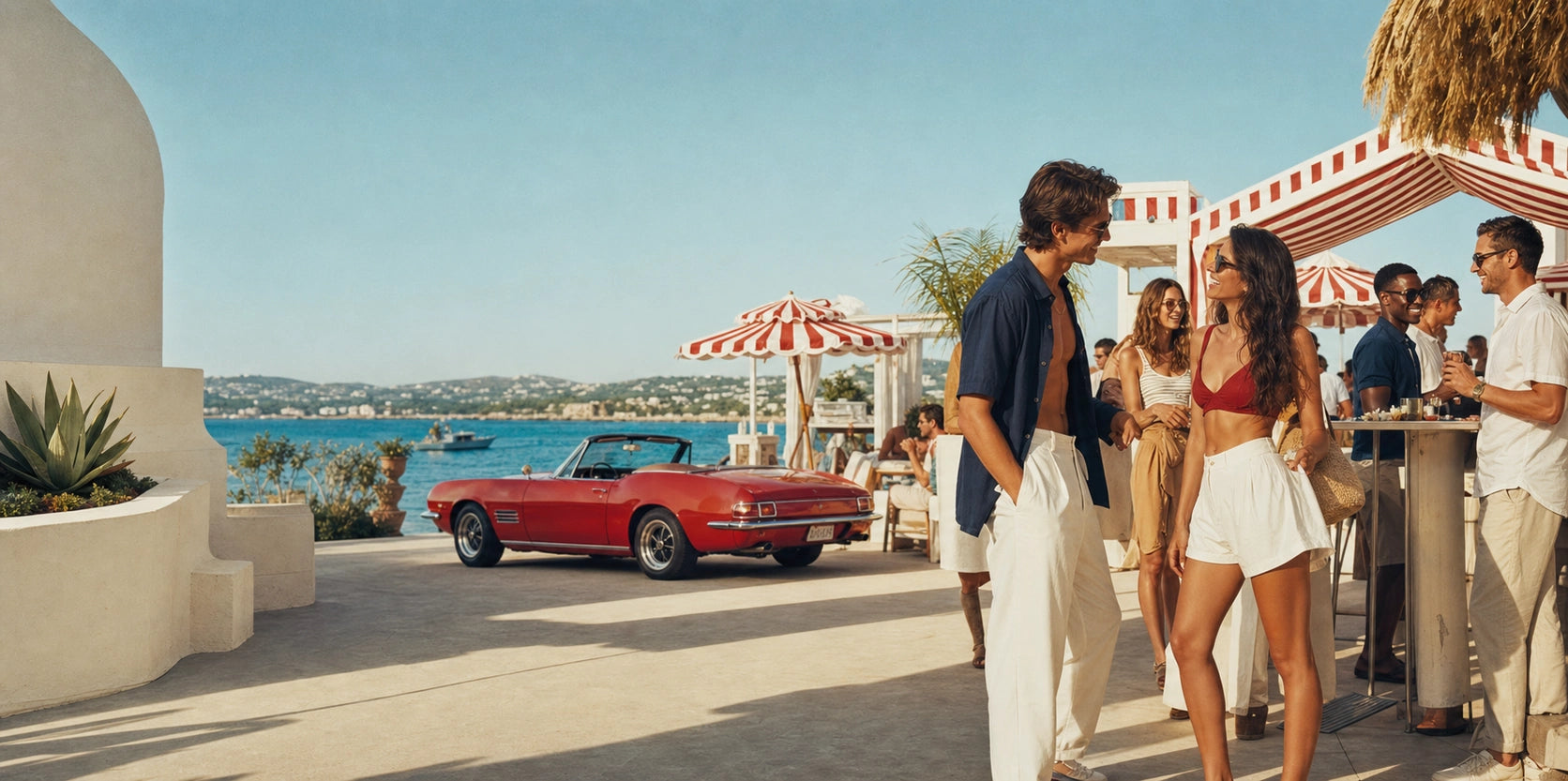 A playful couple at a colorful vintage motel pool while the man applies RAW cologne