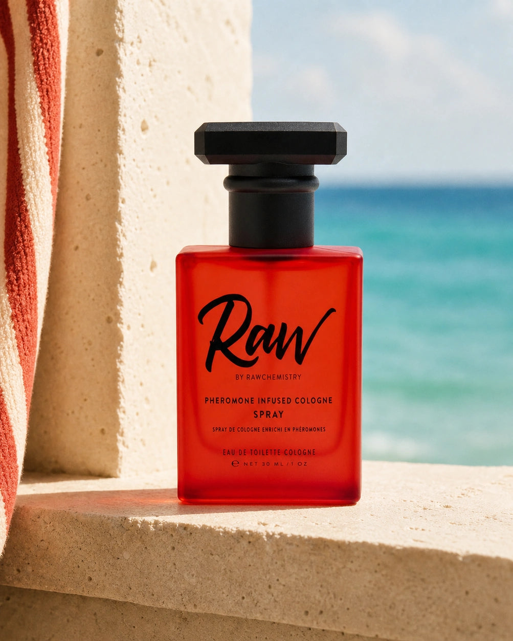 RAW cologne and carton at a colorful vintage motel pool