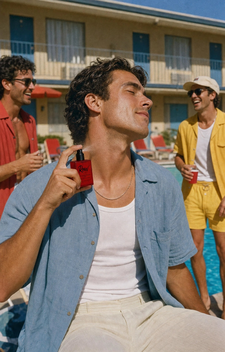 Man applying RAW cologne beside a striped vintage motel pool