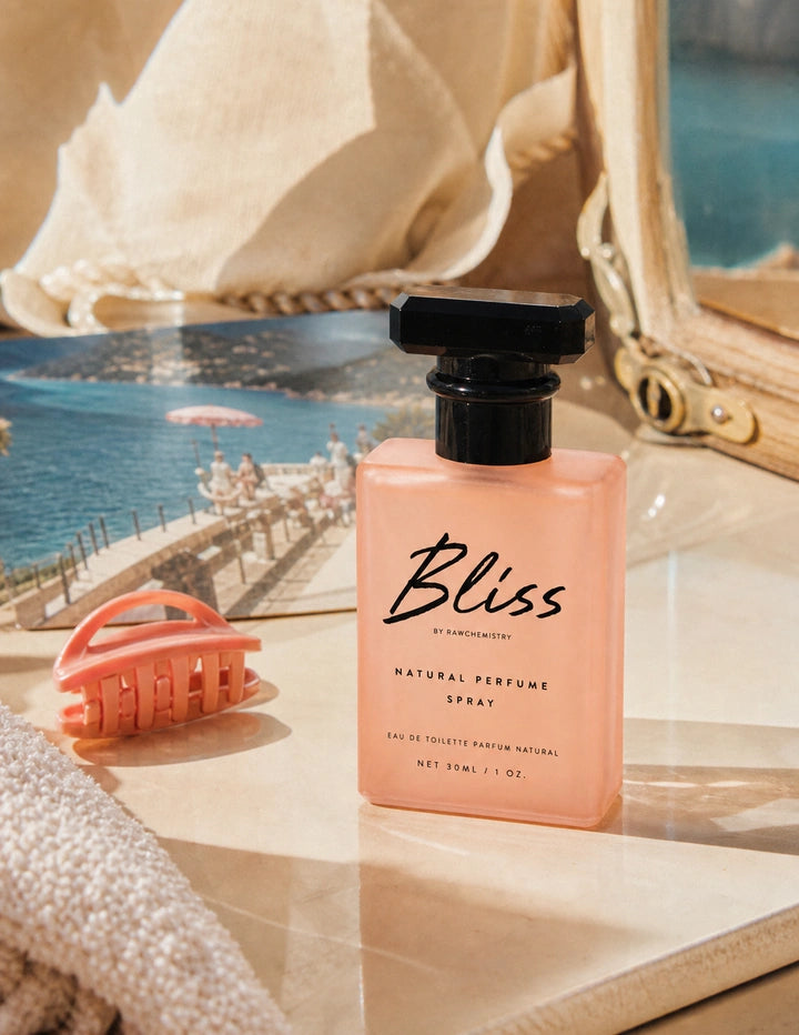 Bliss perfume and carton on a lively retro pool deck