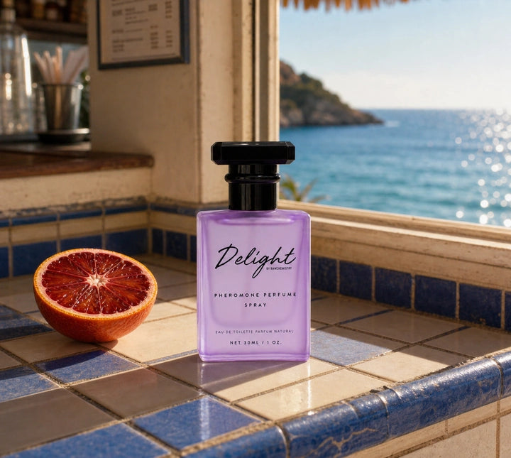 Delight perfume and carton in bright 1990s vacation color