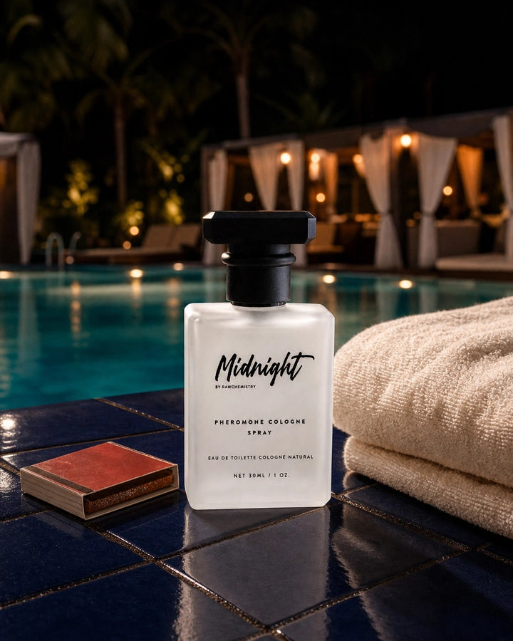 Midnight cologne and carton in a playful vintage poolside scene