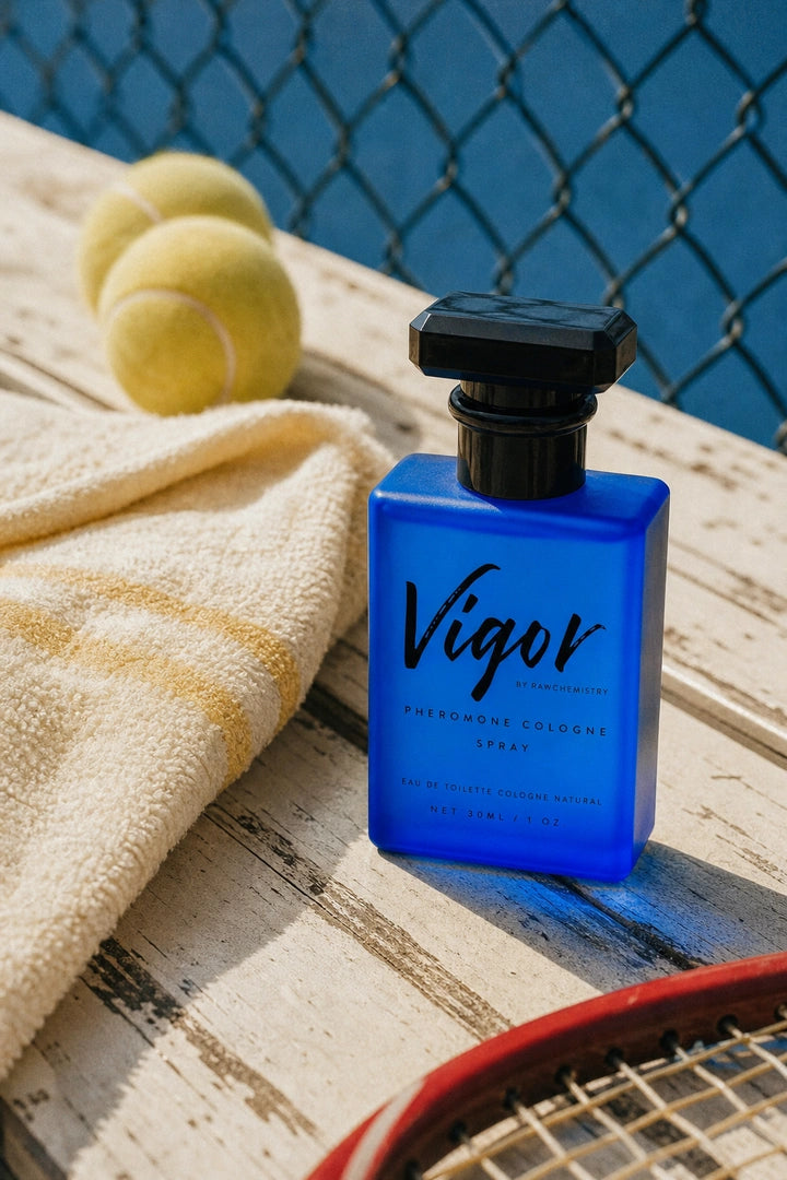 Vigor cologne and carton with bright vintage summer accessories