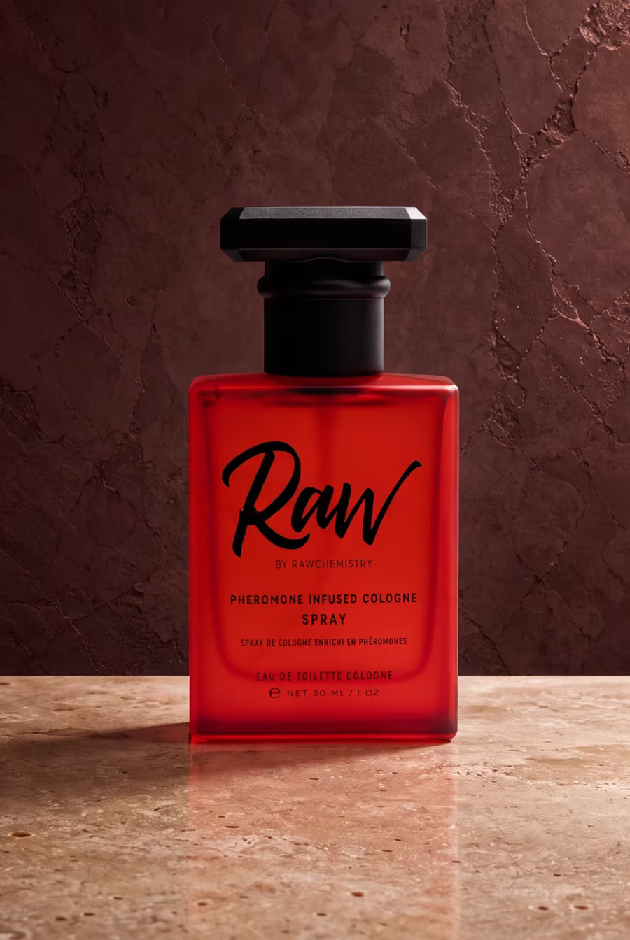 Raw pheromone-infused cologne on a warm stone surface