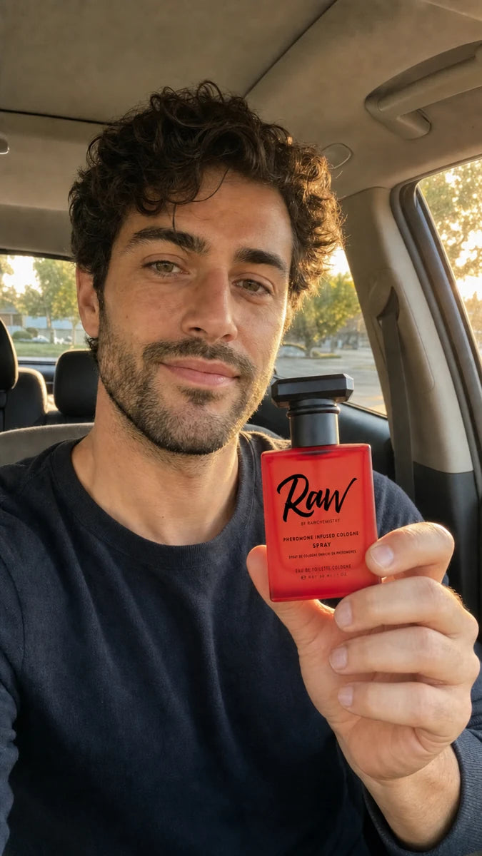 RAW customer holding the red cologne bottle in warm evening light