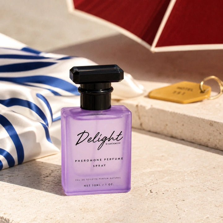 Delight perfume photographed in bright vintage beach-club light