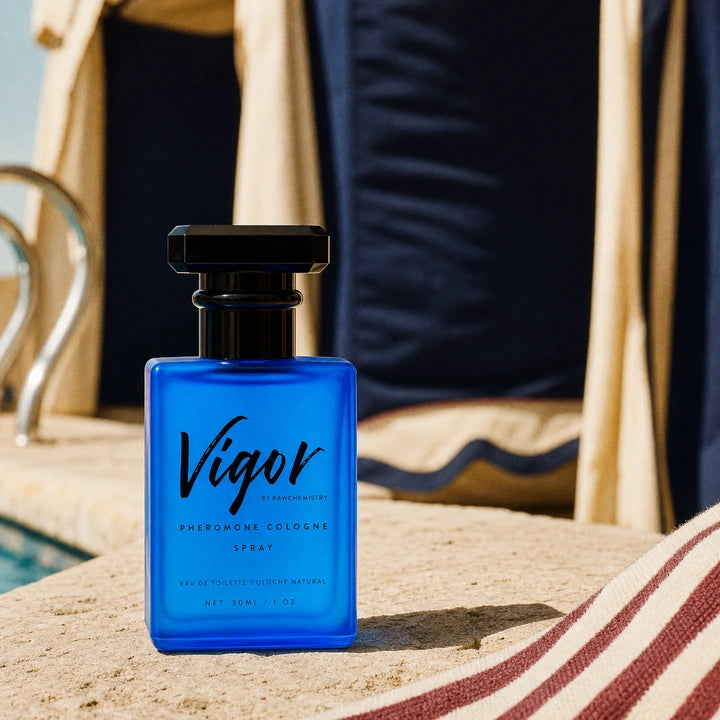 Vigor pheromone cologne in a vintage Mediterranean cabana