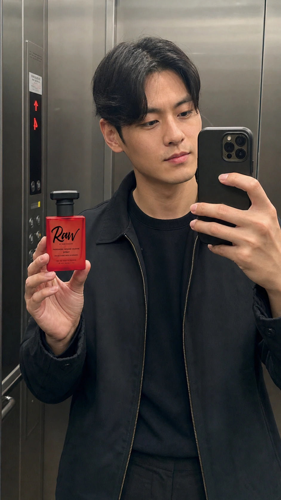 Devin holding Raw in an elevator before dinner