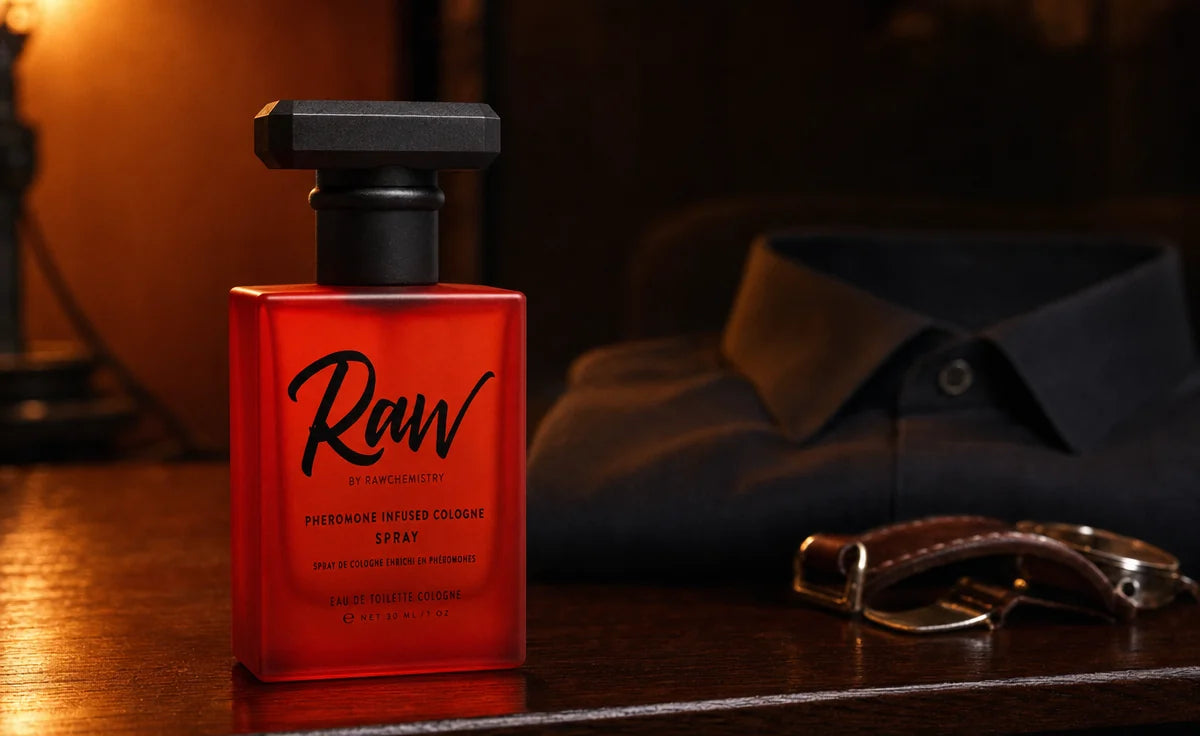 The RAW spray on a dark dresser top in low evening light, beside a folded collar and a leather watch strap