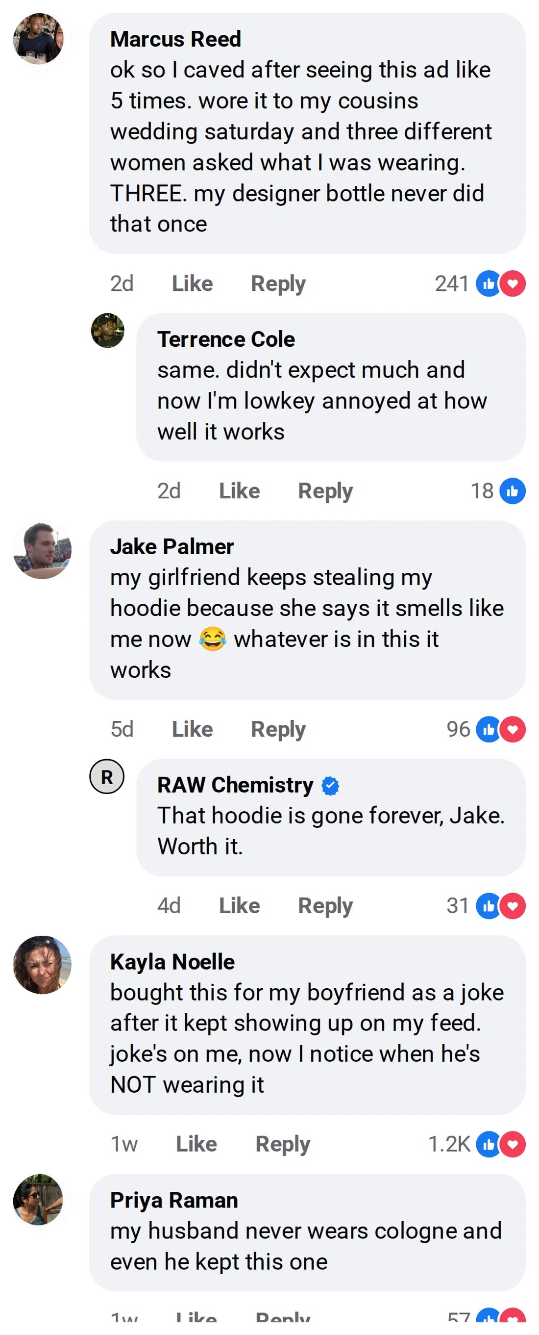 Facebook comment thread under a RAW Chemistry ad