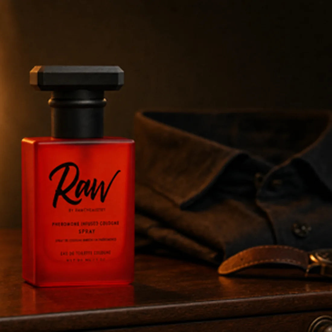 RAW pheromone cologne on a dark dresser beside a folded shirt and watch